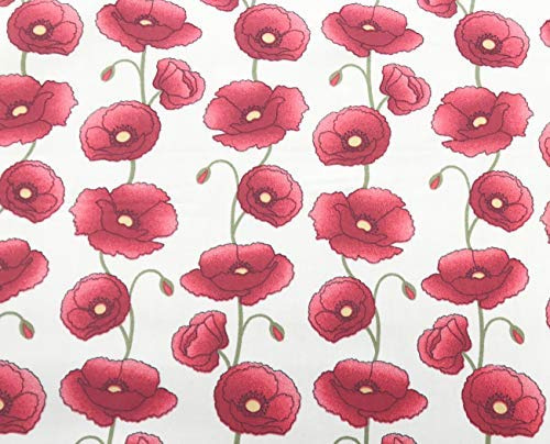 Oddies 100% Cotton Poplin Fabric - Red Poppy Flower Print on Ivory Background - Craft Fabric Material by the Metre (CPO460IVO)