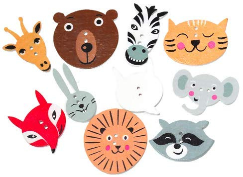 100 Stück Holzknöpfe bunte Tierköpfe 2,2cm-3cm im Mix - Zweiloch - Knöpfe Knopf Holzknopf zum annähen nähen aufnähen scrapbooking Bastelknöpfe Kinderkleidung