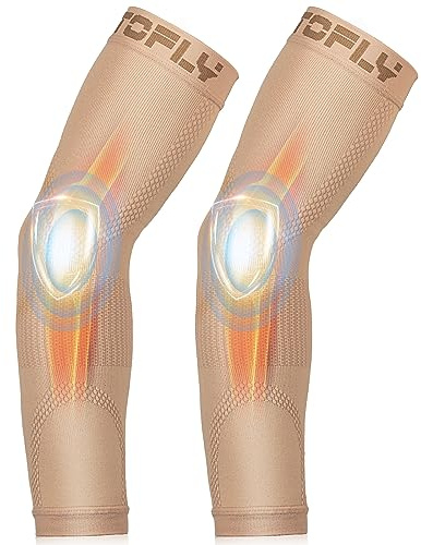 TOFLY Manchon de compression pour bras Unisexe 20-30 mmHg Compression graduée Coudière pour la récupération, soulagement de la douleur, soutient les muscles et les articulations, Beige L
