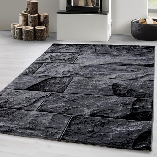 Tappeti a pelo corto, colore nero, disegno in pietra, 23153, tappeto rettangolare, Tappeto soggiorno, 120 x 170 cm