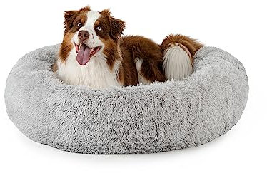 lionto Donutbett für Hunde und Katzen, Flauschiges Hundebett rund für kleine und große Heimtiere, Ø 100 cm, weiches Katzenbett aus kuscheligem Plüsch, Hundekissen mit extra Dicker Füllung, hellgrau