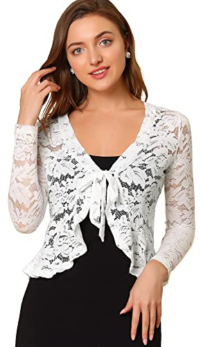 Allegra K Damen Spitzenbolero Langarm Bolero Durchsichtig Rüschensaum Crop Blumen Shrug Weiß S