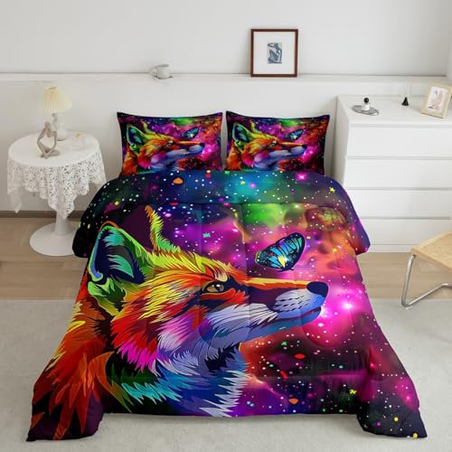 Bettwäsche-Set mit Fuchsdruck, komplettes Cartoon-Bettwäsche-Set für Kinder, Mädchen, Jungen, 3D-Tier-Thema, bunte Galaxie-Malerei, Steppdecke, Sternenhimmel, Daunendecke, Heimdekoration, mit 2