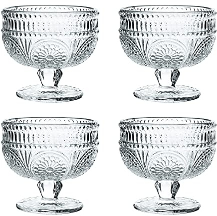 CHOOLD Vintage Sunflower Embossed Glass Footed Dessert and Salad Bowl - Ice Cream and Trifle Bowl for Home, Party, Wedding - 9 oz, Transparent, Set of 4