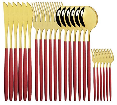 24 stücke Black Gold Geschirr Set Edelstahl Besteck Messer Gabel Löffel Besteck Set Geschirr Besteck Set essgeschirr (Color : Red Gold)