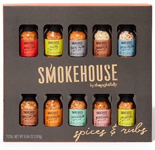 Smokehouse by Thoughtfully, Gourmet Grilling Spice Set in Mini Glass Bottles, Vegan and Vegetarian, Grill Seasoning Flavors Include Caribbean, Jamaican Jerk, Jalapeno, Montreal and More, Pack of 10