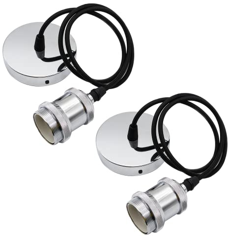 2 Stücke Lampenaufhängung E27 Silber mit 100cm Kabel | Höhenverstellbar Standard E27 Socket Lampen Halterung ideal für Deckenlampe Wohnzimmer Schlafzimme