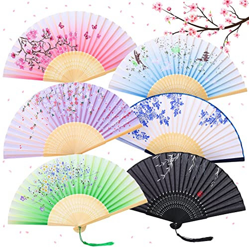 GWHOLE Éventails Pliants 6Pcs Eventail avec Frange en Soie et Bambou Eventail Japonais Éventail à Main Evantail Pliable 6 Motif pour Decoration Mariage, Cadeau