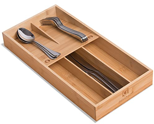 guiogc Organiseur en bambou pour argenterie, porte-ustensiles et plateau à couverts pour tiroir de cuisine, pour cuillères, fourchettes et couteaux
