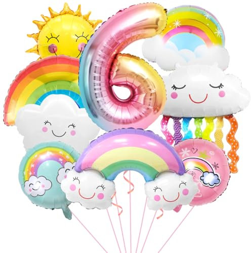 Decorazioni Arcobaleno 6 Anni, Palloncini Sole e Nuvole, Numero 6 Grande, Nappa Arcobaleno, Addobbi per Tema Colorato Compleanno Bambini Festa