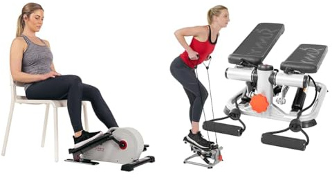 Sunny Health and Fitness Magnetic Under Desk Elliptical Peddler, Portable Mini with Resistance + Advanced Mini Home Steppers, Total Body Workout Stair Machine with Resistance Bands