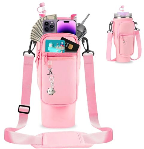 Bolsa de transporte para botella de agua para vaso de 40 onzas con bolsillo para teléfono,Portabotellas con Funda de Pajita,Correa Ajustable para el Hombro y mosquetón,para Viajes,Camping (rosa)