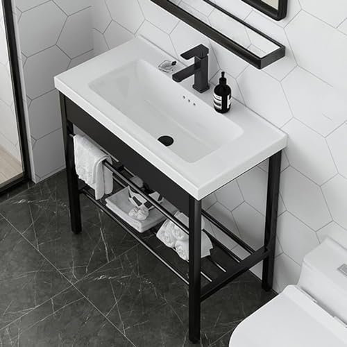 Waschbecken, weiße Keramik-Konsole, Standwaschbecken, freistehend, Porzellan, rechteckig, mit Edelstahl-Metallbeinen, Ständer, Waschtischspüle, schwarz (Größe: 61 x 41 cm)
