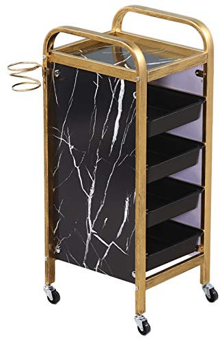 Allzweckwagen Organizer Aufbewahrungswagen Servicewagen 5-stufiger Friseurwagen, Haarwerkzeugwagen mit schwarzem Marmormuster, 4 Servicetabletts und Haartrocknerständer, 36 × 32 × 85 cm (Gold)
