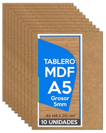 Planetacase - Tablero MDF 5mm A5 148x210 (10 paneles) - Madera para Bricolaje, Manualidades, Corte Láser, Marqueteria, Calado, Artesanía - Madera