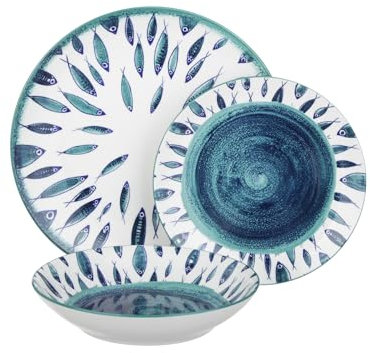 Arca Set 3 piatti posto tavola porcellana pesci blu