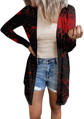 Generisch Halloween Cardigan Damen Lang Blutig Strickjacke Damen Langarm Horror Blutige Jacke Damen Dünn V Ausschnitt Halloween Kostüm Damen Long Cardigan mit Knöpfen Damencardigan Mantel Winter