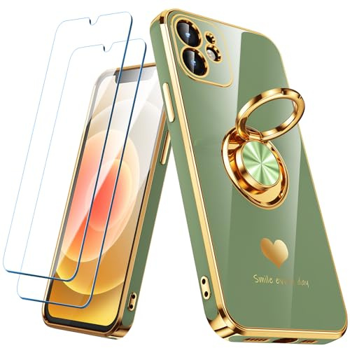 Nonional Compatible for iPhone 12 Case with 2 Pack Screen Protector, 360° Rotatable Ring Holder [Luxury Hearts Pattern] Plating Gold Edge Slim Soft Phone Cover Case for iPhone 12 - Light Green
