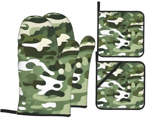 YYHWHJDE Set di 4 guanti da forno e presine con stampa verde mimetico: spessi e durevoli, anti-scottatura e termoisolanti