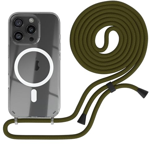 EAZY CASE - mobilkedja kompatibel med iPhone 16 Pro, kedja för upphängning, stötsäkert mobilskal för iPhone 16 Pro, silikonskal med rem, transparent mobilskal i Grön - Clips Svart