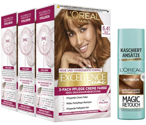 L'Oréal Paris Haarfärbe- und Ansatz-Kaschierset, 3x Permanente Haarfarbe Excellence Creme, 6.41 Helles Caramelbraun und 1x Ansatz-Kaschierspray Magic Retouch, Rotbraun, [Amazon Exclusive Set], 4-tlg