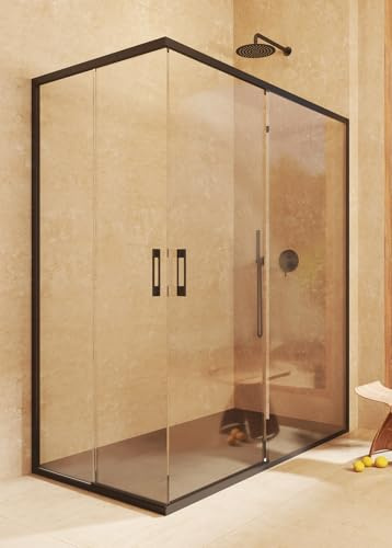 Mampara Rectangular REVERSIBLE 67,5-70 x 117,5-120cm - H= 195cm, Negro | Mampara Angular (corredera + fijo) + (corredera + fijo) , sin perfil inferior, Vidrio de seguridad 6mm tratamiento antical
