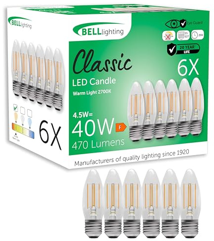 BELL Lighting E27 Energy Saving LED Filament Candle Bulbs Warm White 6 Pack | Energy saving E27 screw LED filament candle bulbs with 2700K warm white light, 470lm brightness and 40W equivalent output.