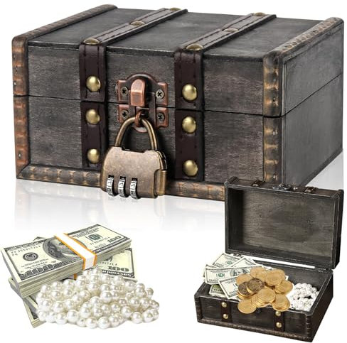 Forbabe Schatztruhe Holz, Vintage Schatzkiste mit Zahlenschloss Klein Piratenschatztruhe Holz Aufbewahrung Schatzkiste Schmuckkästchen mit Deckel für Aufbewahren und Dekorieren (15x12x8cm, Grau)