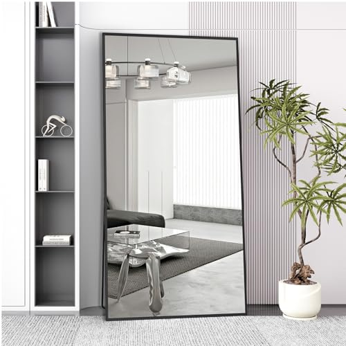AUFHELLEN Standspiegel mit Schwarz Metallrahmen 193x86cm Ganzkörperspiegel | Rahmen aus Aluminiumlegierung, Gehärtetes Glas, Stehend Lehnend oder Hängend an der Wand für Schlafzimmer, Wohnzimmer Flur