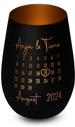 Windlicht aus Glas „Kalender“ personalisiert - Elegantes Geschenk mit Gravur - für sie & ihn - Jahrestag Verlobung Hochzeit Jubiläumsgeschenk - Schwarz-Bronze