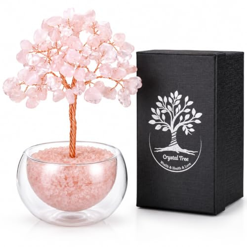 CrystalTears Rose Quartz Crystal Tree, Pink Gemstone Tree of Life Ornament with Glass Base, Healing Crystal Gifts for Women Her, Spiritual Home Desk Decor, Birthday Housewarming Gifts