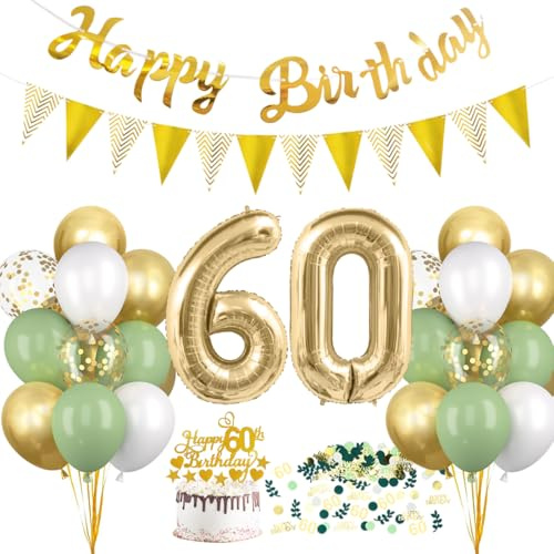 HUKUMA 60 Geburtstag Deko, Salbeigrüne Deko 60.Geburtstag Frauen Männer,60er Geburtstagdeko Luftballon mit Girlande Grün Weiß Gold,Tortendeko Avocado Grüne Konfetti Ballon für Geschenk