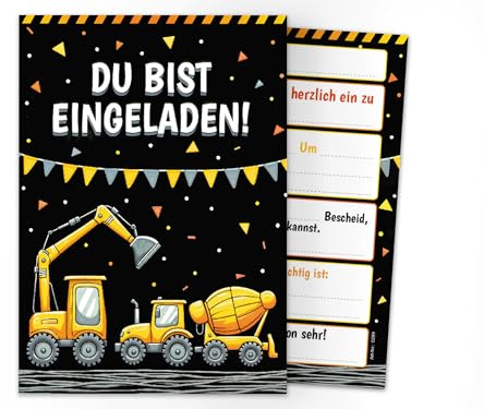 Junaversum 12 Einladungskarten zum Kindergeburtstag Baustelle Bagger Jungen Kinder coole bunte Einladungen Geburtstag Geburtstagseinladungen Kids