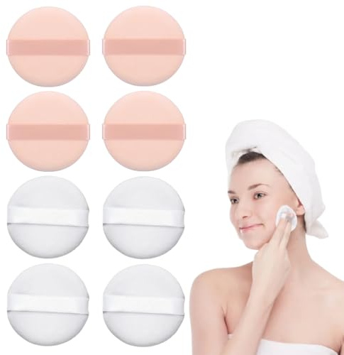 8 pièces de grosses mousses à poudre moelleuses, mousses à poudre ultra-molles, lavables et réutilisables, mousses à poudre rondes de 5,5 cm, mousses à poudre en coton(Blanc/Teint de peau)