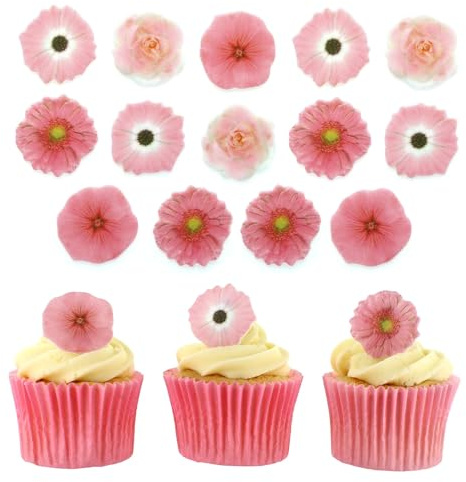 Culpitt Pink Flower Edible Cupcake Toppers - 32 Pack | Roses, Gerberas & Petunias, Fondant Sugar Paste, Approx 30mm Each, Vegan & Coeliac Friendly