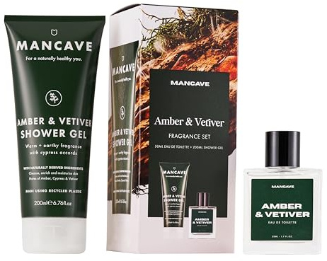 ManCave Amber & Vetiver Fragrance Gift Set, Aftershave Gift Set | 50ml EDT and 200ml shower gel duo, rich amber and fresh cypress scent, present idea for him