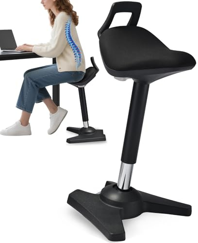 Taburete de pie con cojín estándar – Taburete de oficina ergonómico con función basculante, taburete regulable entre 60 – 85 cm, taburete con pie trapezoidal antideslizante, promueve la posición