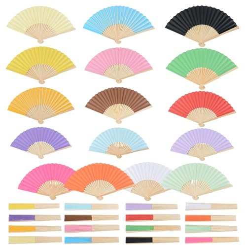 Yuedefly 16 pcs Paper Fans,Bamboo Handheld Folding DIY Handmade Fans for Wedding Favours, Guests, Party Decorations, Photo Prop(Multicolor)