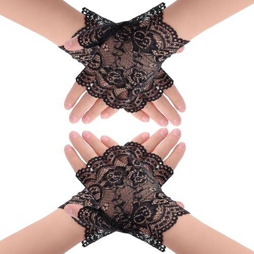 WLLHYF Women Short Lace Gloves Fingerless Bridal Wrist Gloves 1920s Tea Party Glove Elegant Lace Short Glove Sunblock Bridal Floral Costume Halloween Accessories 2 Pairs