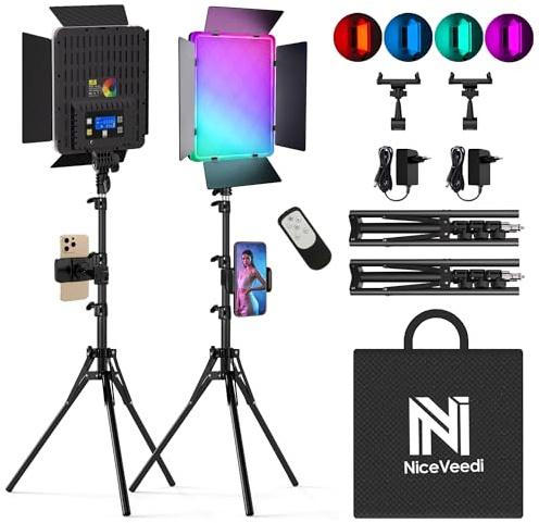 Niceveedi 15 RGB Photography Light, 2 Pack 40W LED Video Light with Remote and Phone Holder, 2700K-6500K Colorful Studio Panel Light with RGB/CCT/HSI/SCENE Mode for YouTube/TikTok/Live Streaming/Game