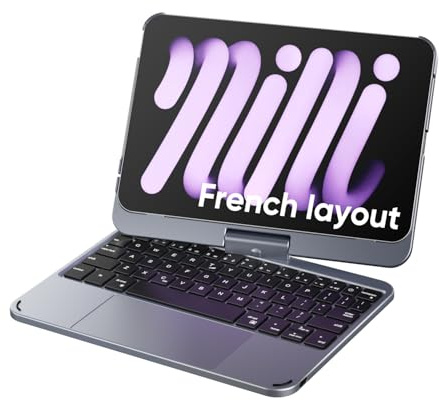 doqo Coque Clavier iPad Mini 7 A17 Pro & Mini 6 avec Trackpad,Rotation 360° | Frappe Style Ordinateur Portable, Clavier Rétroéclairé, avec porte-stylet, Gris, Compatible iPad Mini 8,3 Pouces 2024/2021
