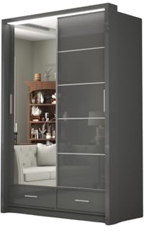 DELUXEWARE Modern 2 & 3 High Gloss Sliding Door Wardrobe with Mirror & Led Light – MDF Bedroom Wardrobe with Drawers, Hanging Rail, & Shelves for Bedroom Furniture (Grey, 150cm)