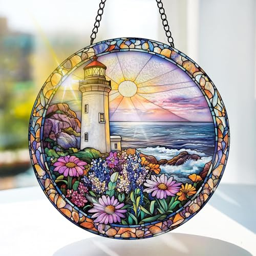 Bimkole Leuchtturm Buntglas Sonnenfänger Fensterschmuck hängend - Blumenlandschaft Fensterdeko Hängend - für Garten, Fenster und Tür, Weihnachten, Handgefertigter Sonnenfänger Dekor 20x20 cm