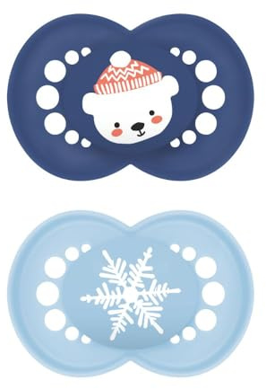 MAM Original Winter Limited Edition Succhietto 6+ mesi, Set da 2, Azzurro | Ciuccio ortodontico, Con porta ciuccio sterilizzatore portatile, Tettarella piatta in Silicone SkinSoft, Delicato sulla pelle