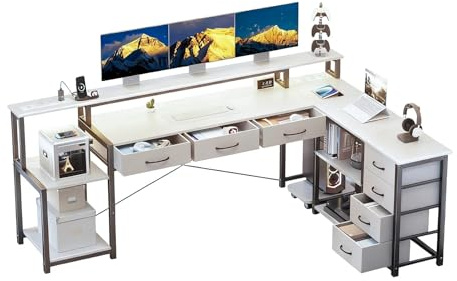 Aiorber Schreibtisch L Form mit Schubladen, Gaming Tisch mit Steckdose, LED & Monitorständer, 200 x 146cm, 7 Stoffschubladen, Computertisch für Büro Arbeitszimmer Schlafzimmer (Weiß)