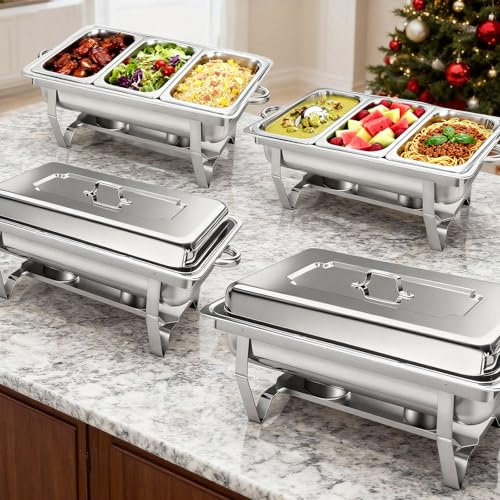 XYJBHB Warmhaltebehälter für Buffets, 4er-Set, 9L Fassungsvermögen, Edelstahl-Buffet-Set mit 1/3-Größen-Einsatz, Warmhalteplatten mit gerolltem Rand für Partys, Hochzeiten, Geburtstage (4 Pack)