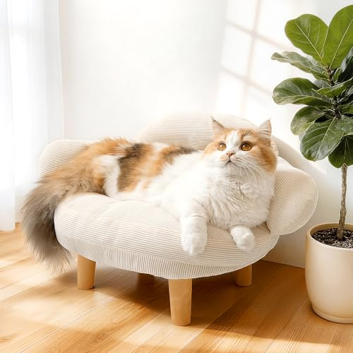 Famifit Cat Sofa Furniture-Style Pet Bed with Removable Cotton Velvet Cover, Solid Pine Wood Legs, for Cats and Small Dogs, White