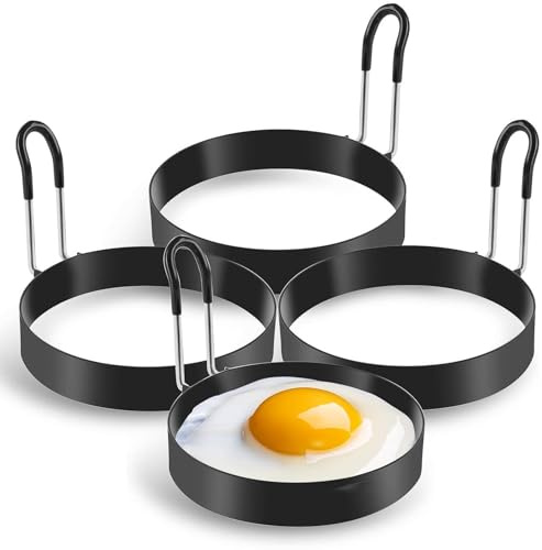 Cossaot 4 st äggform, 7,5 cm prin form, non-stick pannkaksmaskin och skållningshandtag, för omelett, äggrullar, pannkakor (svart)