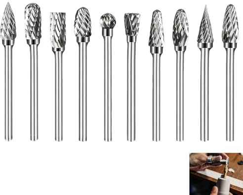 10 Pcs Tungsten Carbide Rotary Burrs Set, Carbide Burr Set Steel Double Cut Tool,1/8 Inches Shank Fits Metal Grinding Bits for Grinder Drill, DIY Woodworking Carving, Polishing, Engraving, Drilling