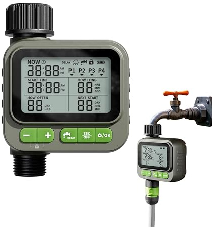 Garden Water Timer – 4 Independent Programs | IP65 Waterproof Sprinkler Irrigation Controller | Rain Delay, Manual Mode & Child Lock | Hose Tap Timer for Lawn, Garden & Greenhouse